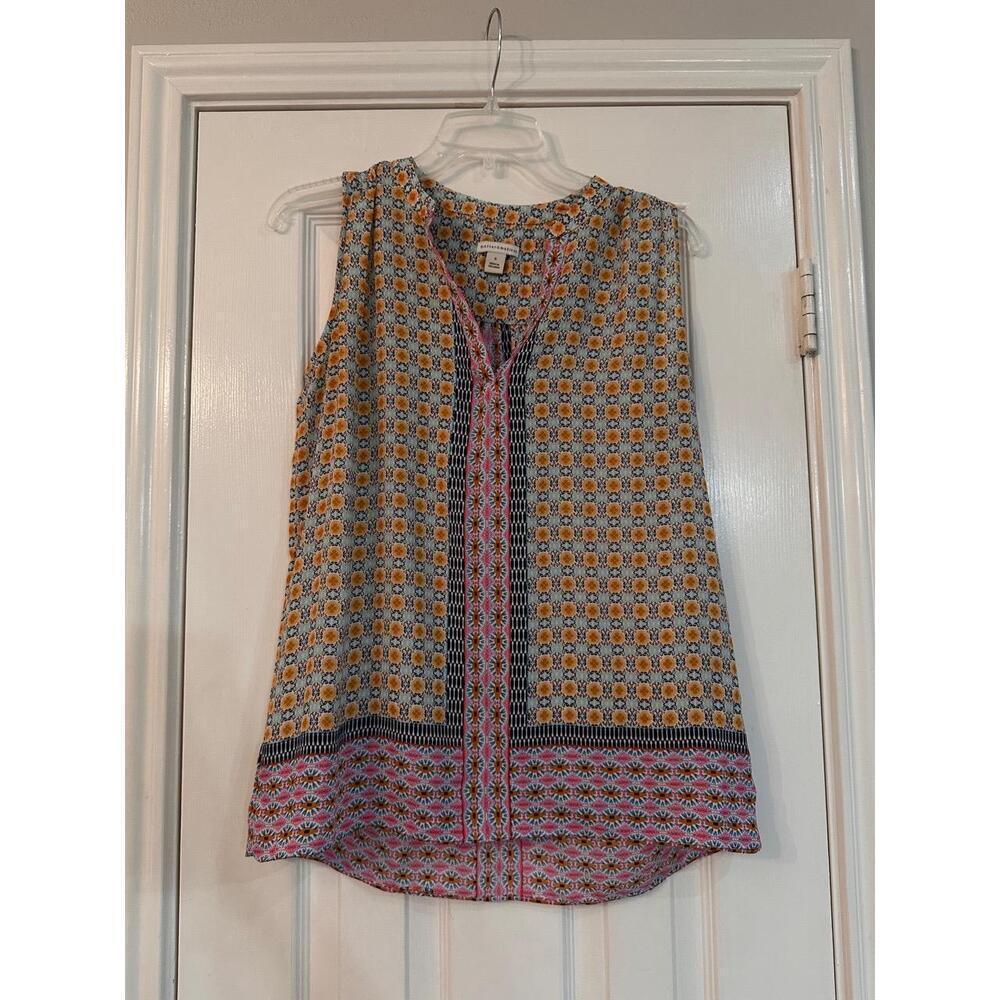 Mercer & Madison Womens S Multi Geometric Tie V-Neck Blouse Bohemian - Picture 2 of 5